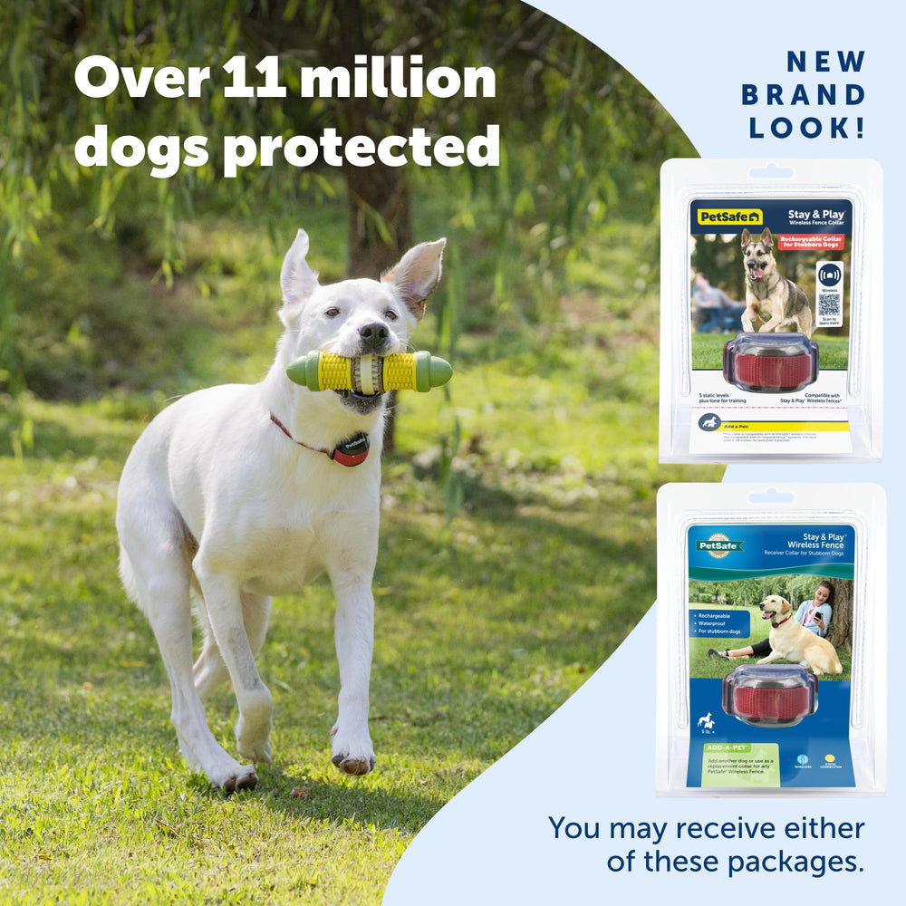 Petsafe Stay & Play collar-fit shows adjustable sizing from 6 to 28 inches.