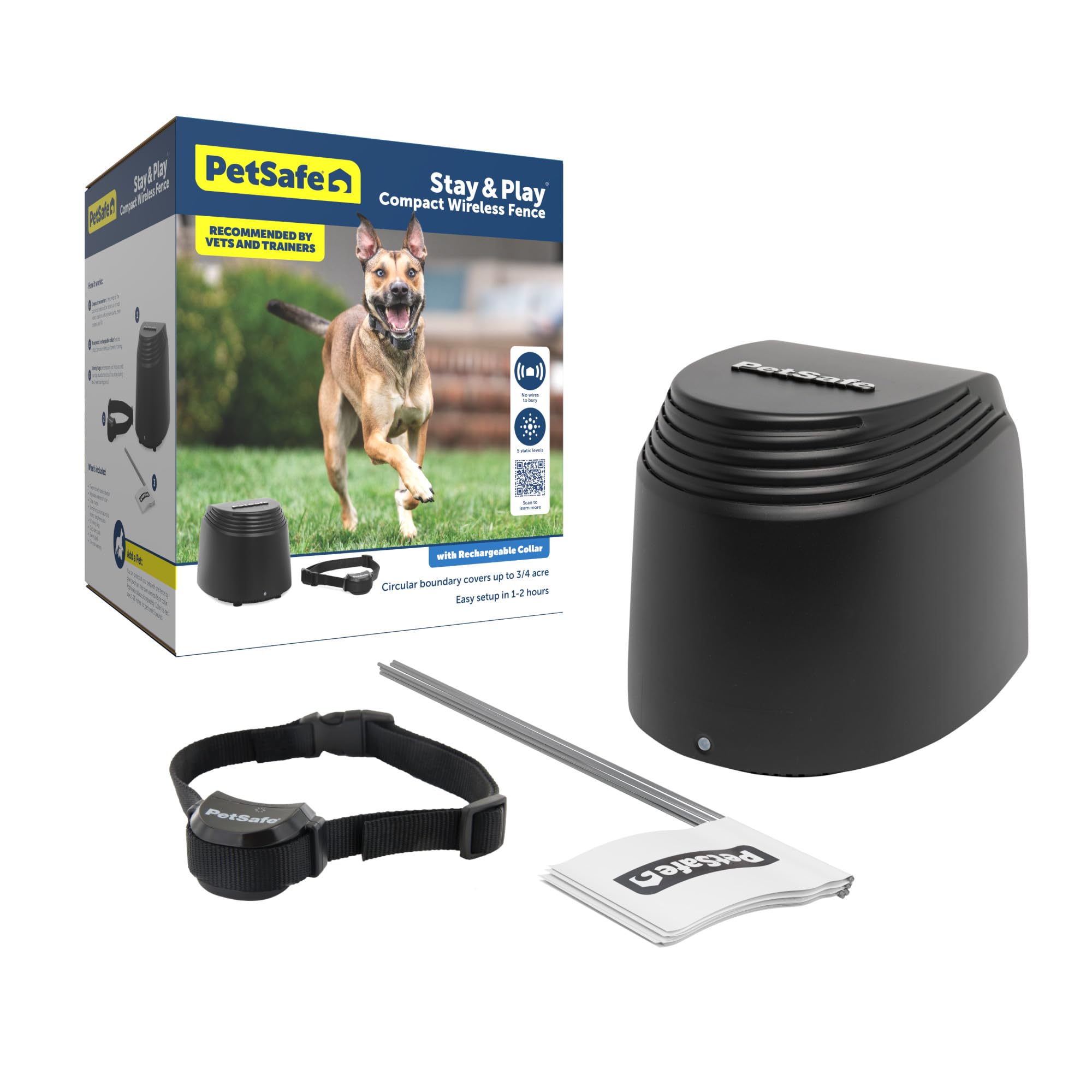 PetSafe stay-and-play compact fence transmitter shows quick wireless setup for safe containment