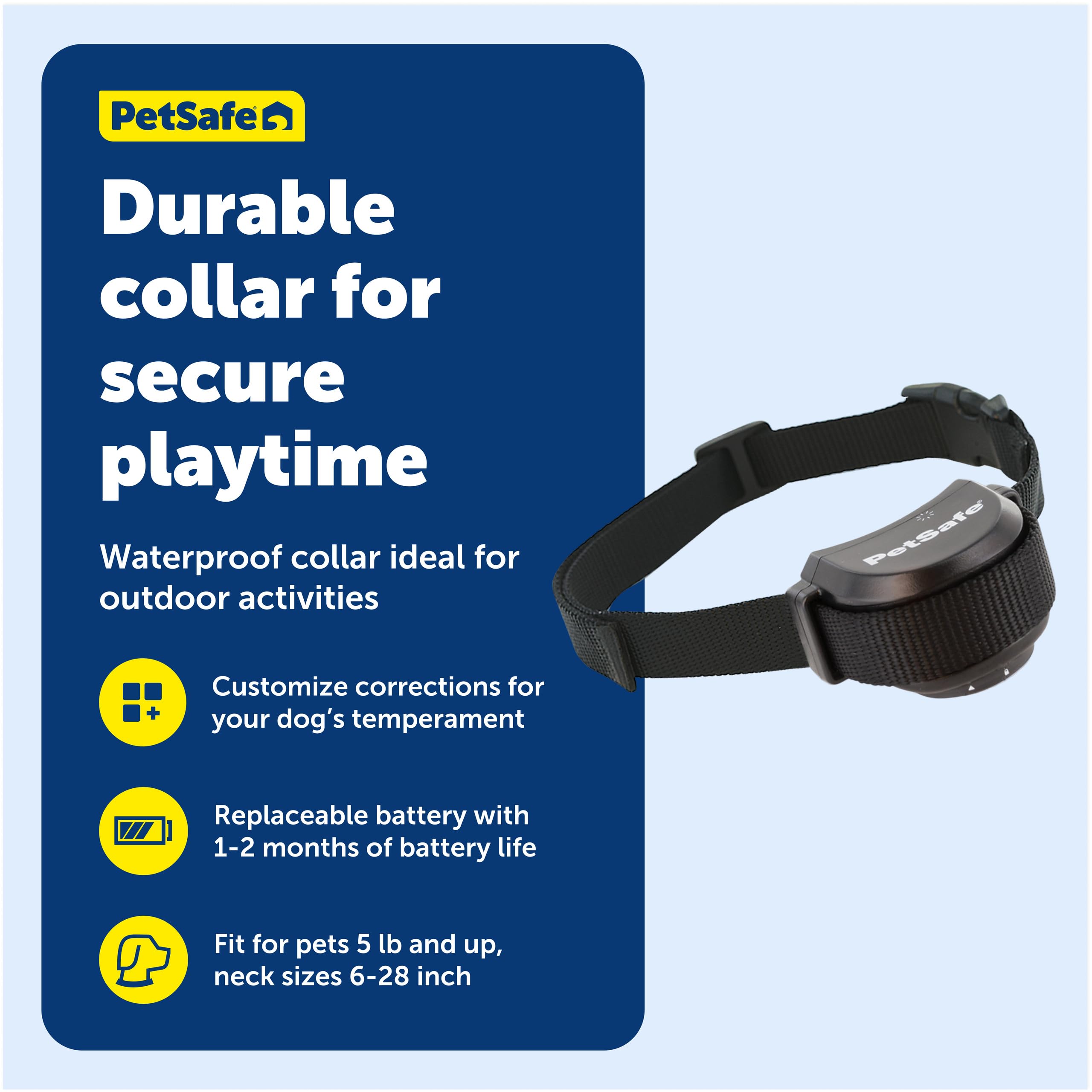 PetSafe Stay & Play waterproof collar in action near dog outdoors emphasizes durability and reliability.