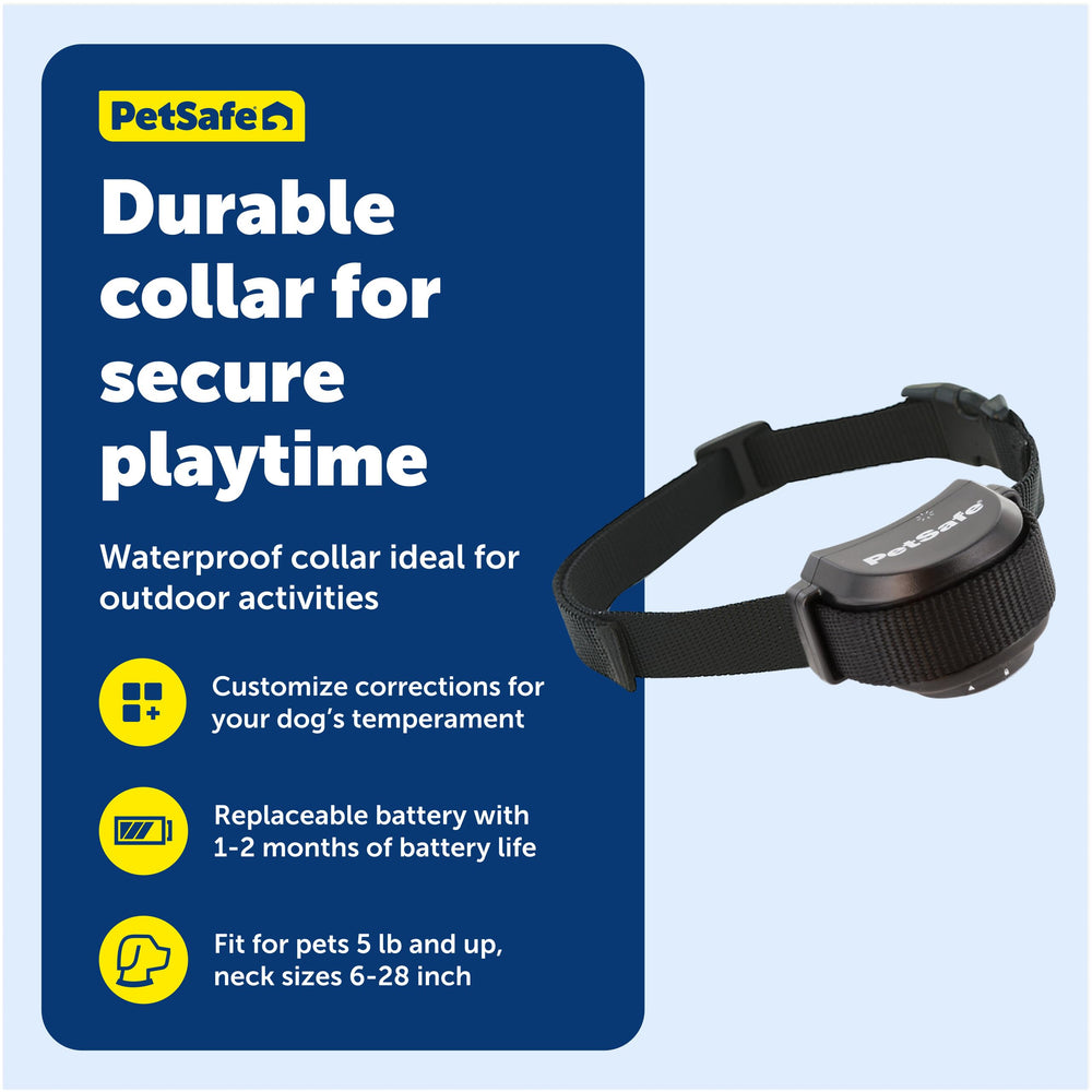 PetSafe Stay & Play waterproof collar in action near dog outdoors emphasizes durability and reliability.