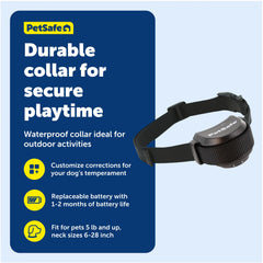 PetSafe Stay & Play waterproof collar in action near dog outdoors emphasizes durability and reliability.