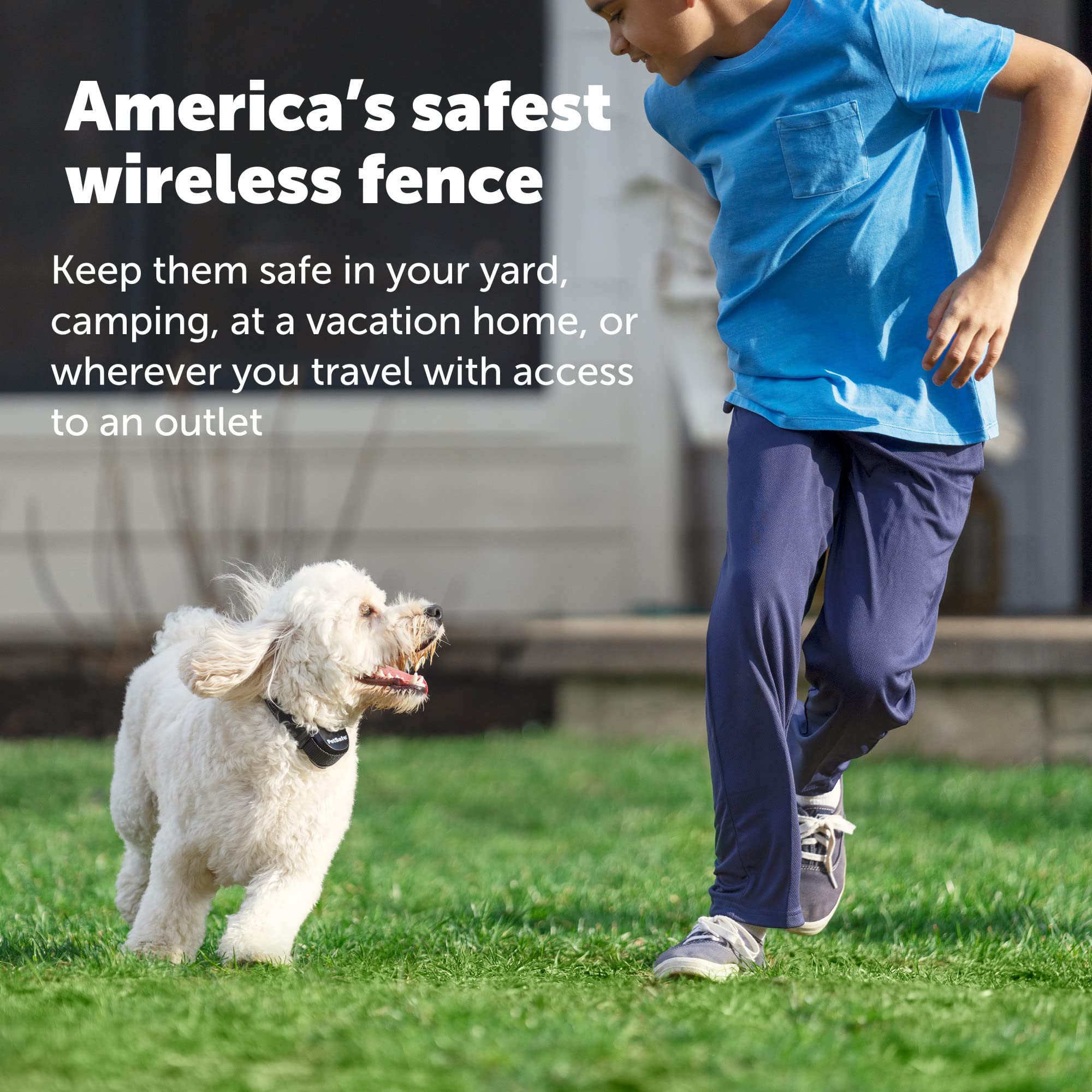 PetSafe Stay and Play receiver collar shows adjustable 6–28 inch neck size and 1–2 month battery life.