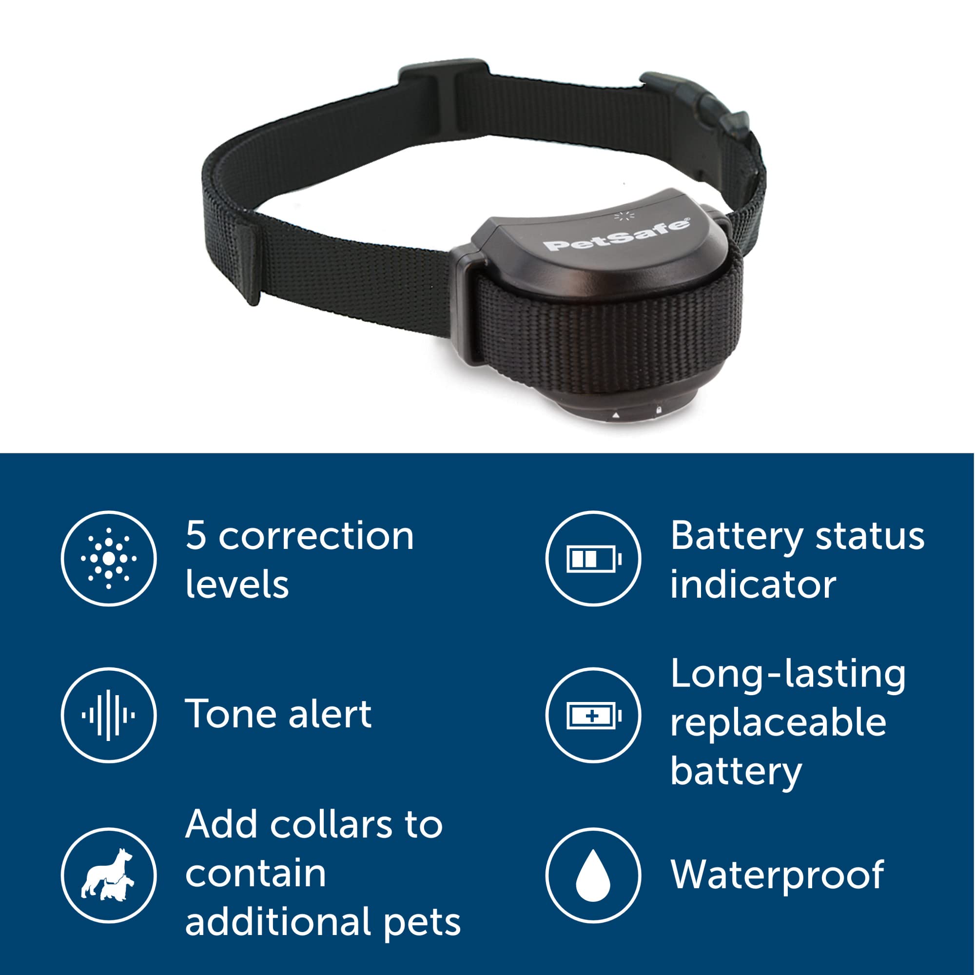 PetSafe Stay and Play receiver collar shows waterproof design and adjustable neck fit.