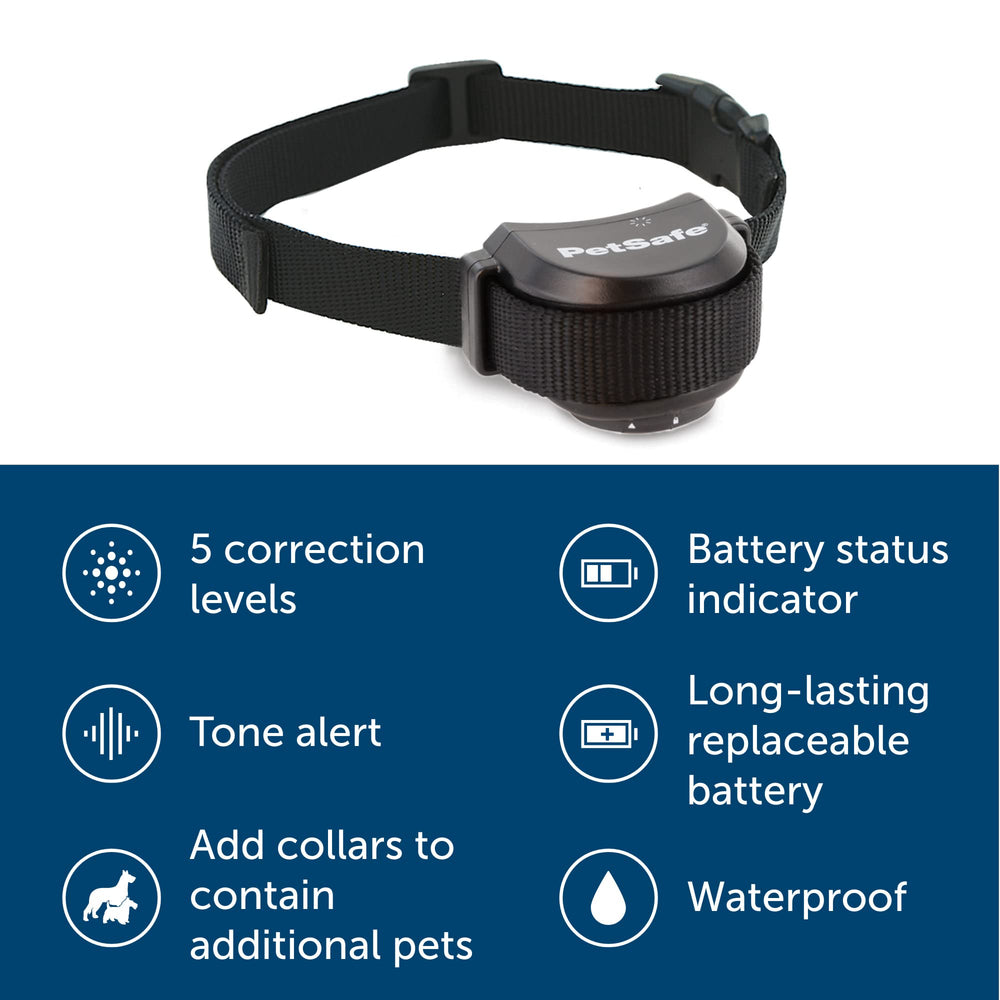 PetSafe Stay and Play receiver collar shows waterproof design and adjustable neck fit.