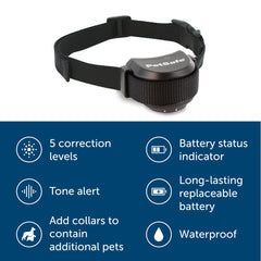 PetSafe Stay and Play receiver collar shows waterproof design and adjustable neck fit.