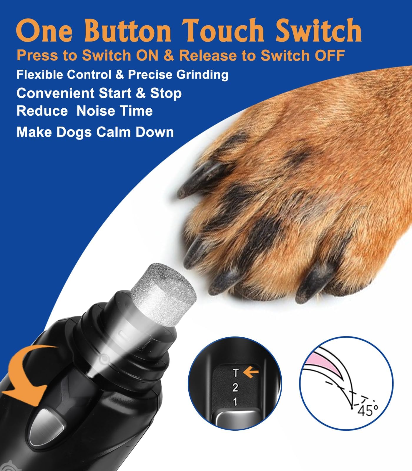Petsaunter dog nail grinder with touch-switch for precise control
