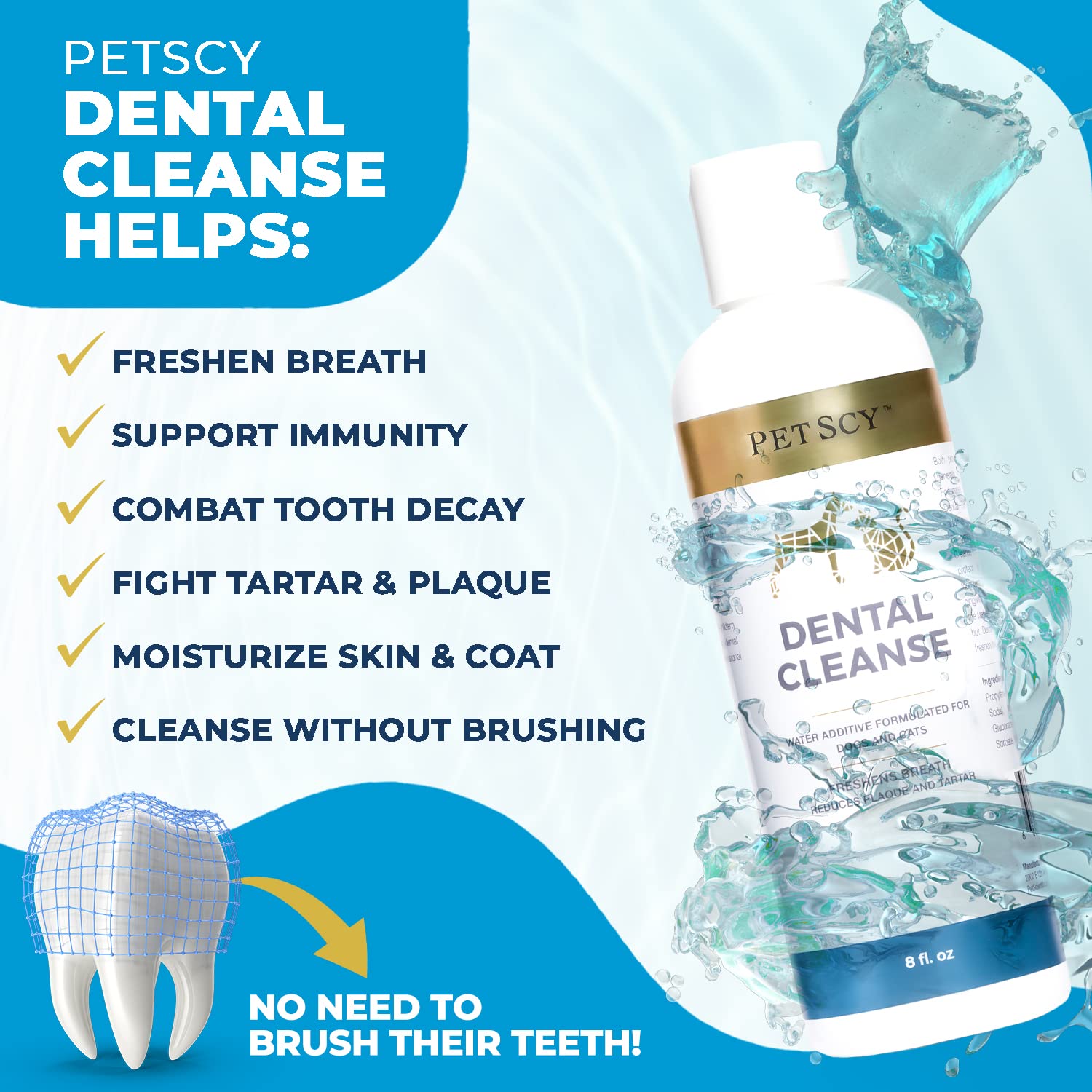 Petscy Dental Cleanse poured into water for quick breath refresh
