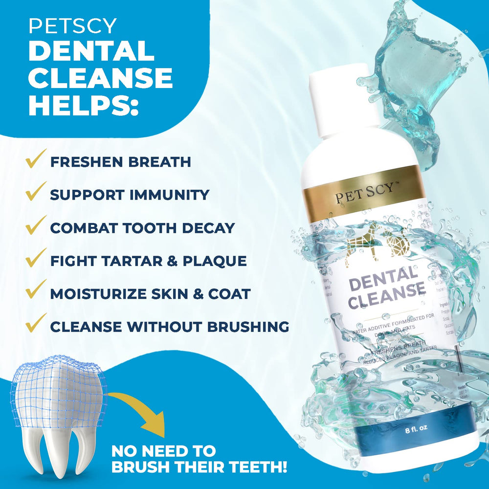 Petscy Dental Cleanse poured into water for quick breath refresh