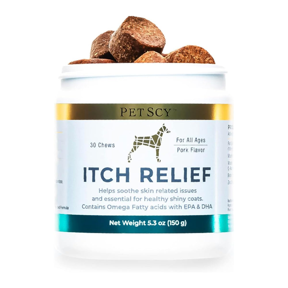 Petscy PetScy dog itch relief chews packaging showcases pork flavor for easy daily supplementation.