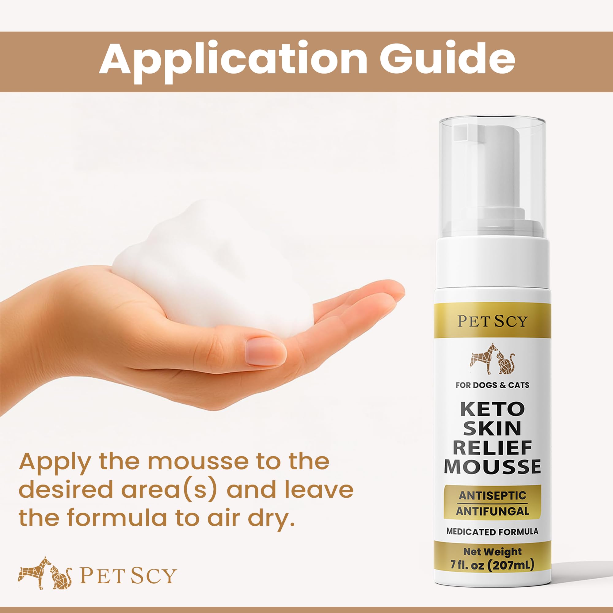 Petscy Keto Skin Relief Mousse enriched with Aloe and glycerin to hydrate skin.