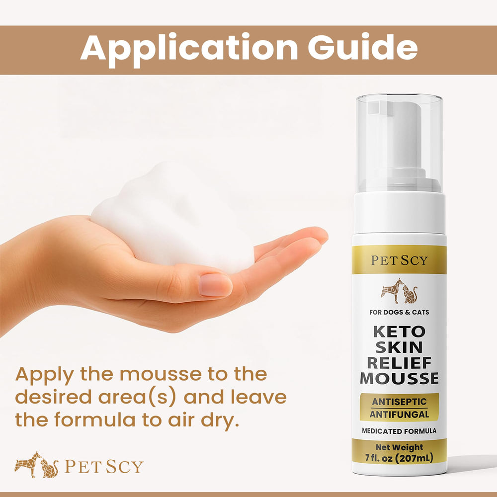 Petscy Keto Skin Relief Mousse enriched with Aloe and glycerin to hydrate skin.
