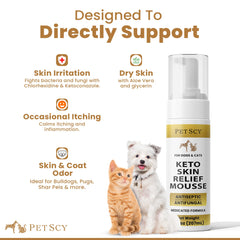 Petscy Keto Skin Relief Mousse being applied to a paw for gentle, no-rinse care.
