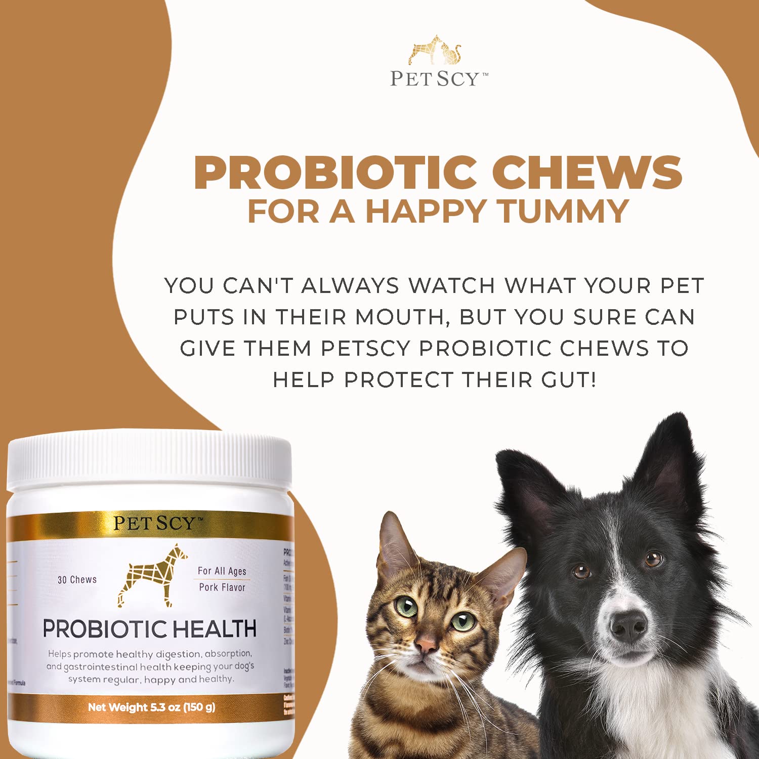 PetScy probiotic chews omega-3 fish oil emphasis on skin and immune benefits