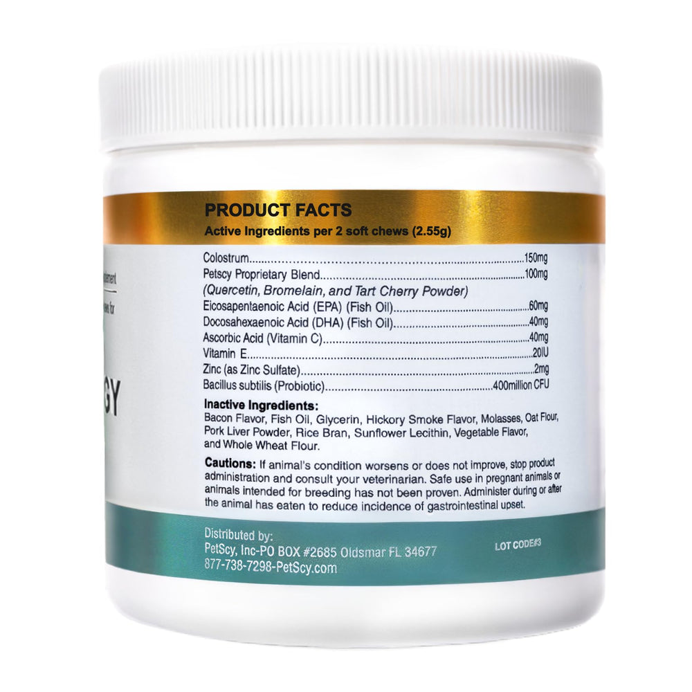 PetScy Itch & Allergy Plus Chews with moringa and turmeric for natural ingredient-powered support.