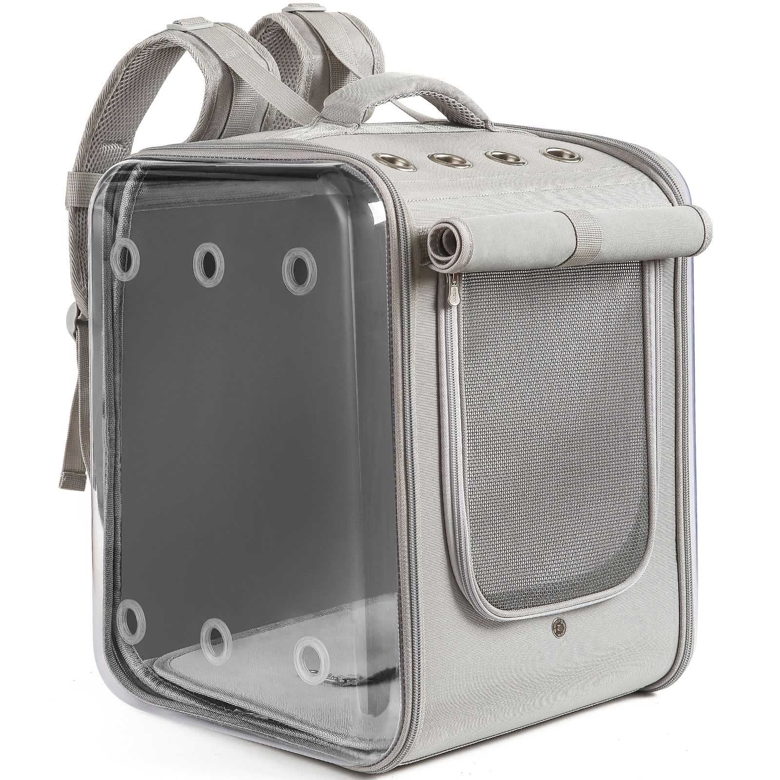 Petseek cat backpack carrier front view highlighting large space and 270° vision.