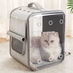Petseek cat backpack carrier side view shows sturdy exterior and 17 lb load capacity.