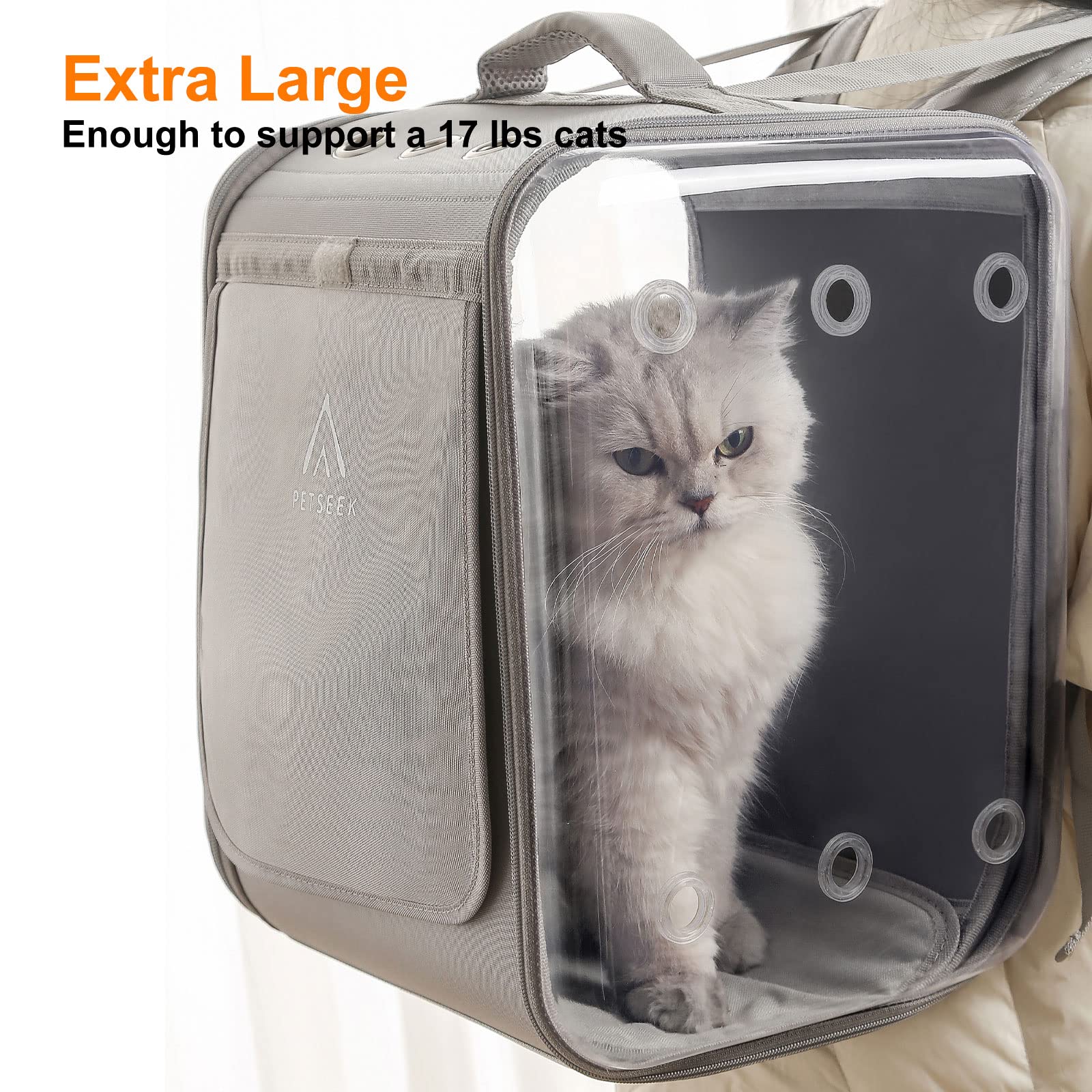 Petseek cat backpack carrier top view demonstrates breathable ventilation.