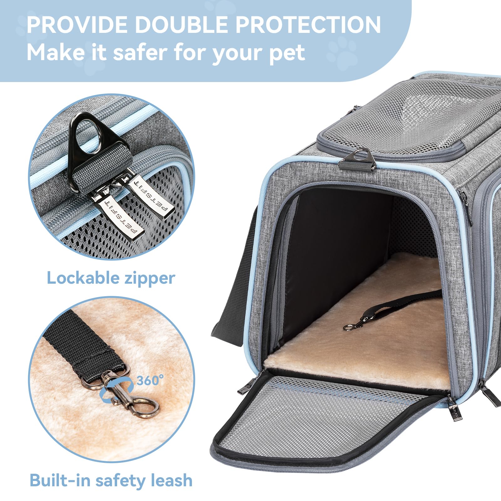 Petsfit airline-approved carrier with secure zipper and built-in leash.