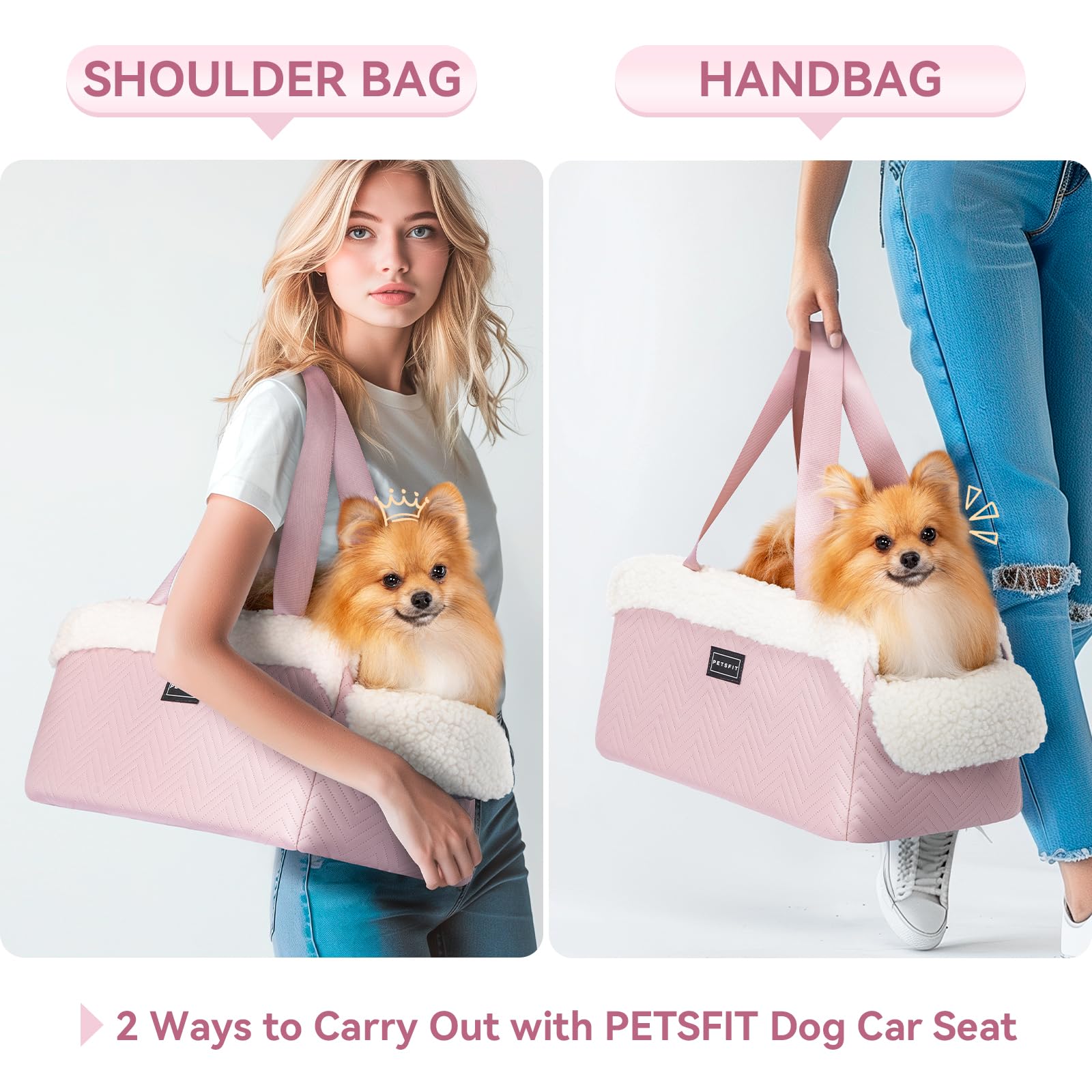 PETSFIT cat car seat interior cushion pink emphasizes plush comfort on car rides.