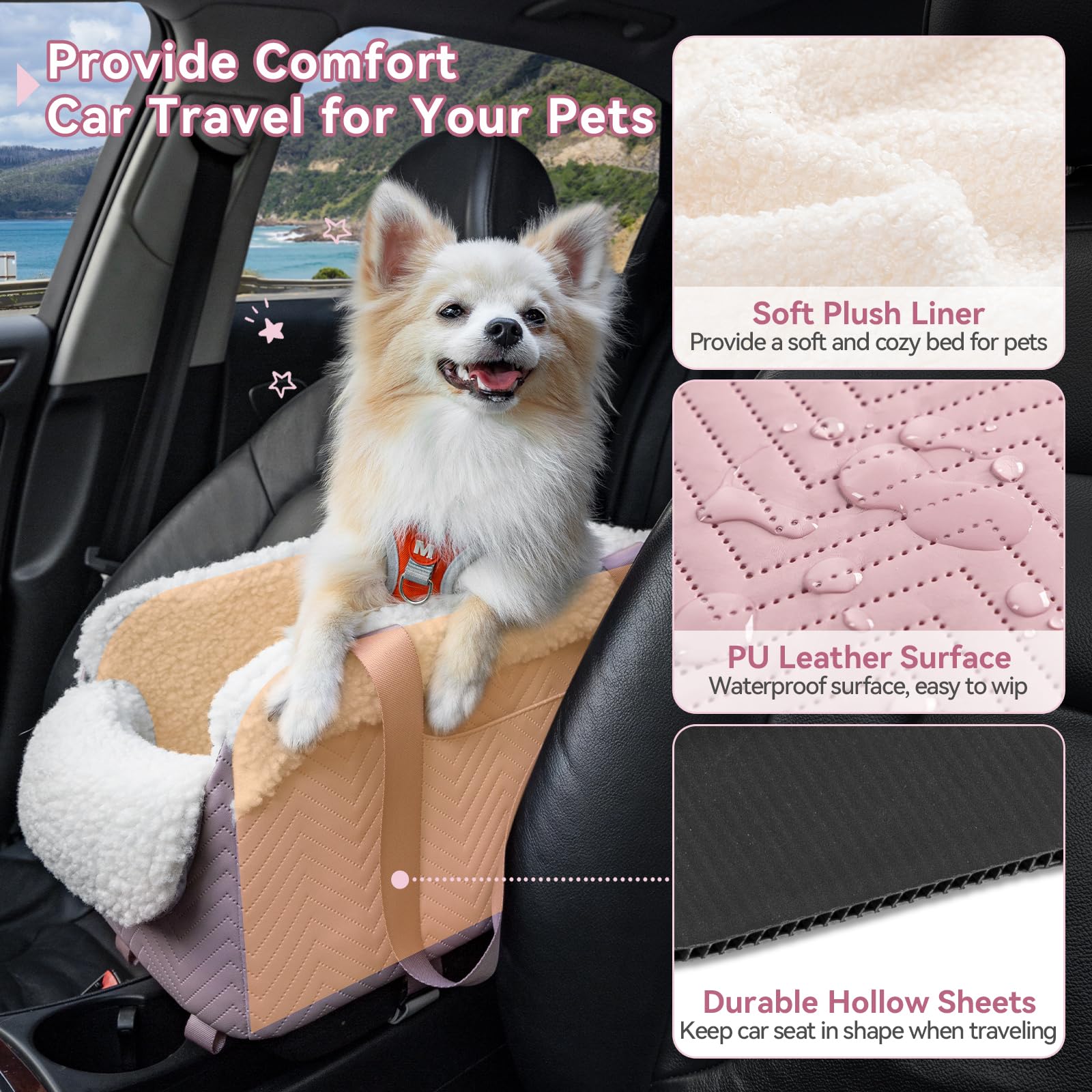 PETSFIT cat car seat waterproof PU leather pink highlights easy cleaning.