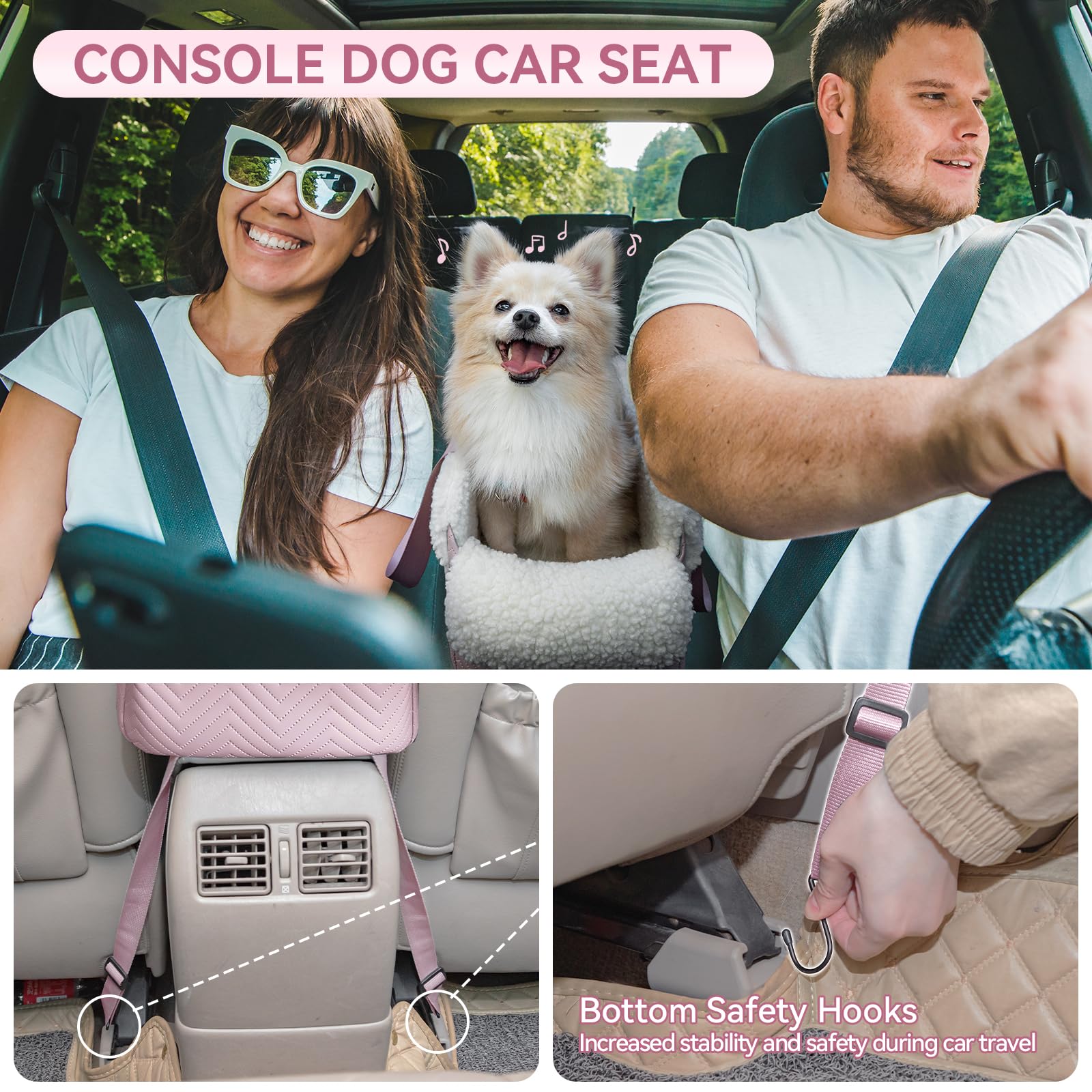 PETSFIT cat car seat side view pink shows protective hooks and cozy interior.