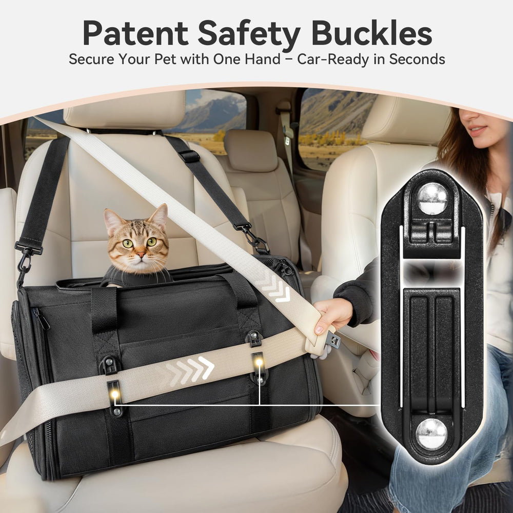 PETSFIT cat car carrier patented buckles enhance stability during car trips.