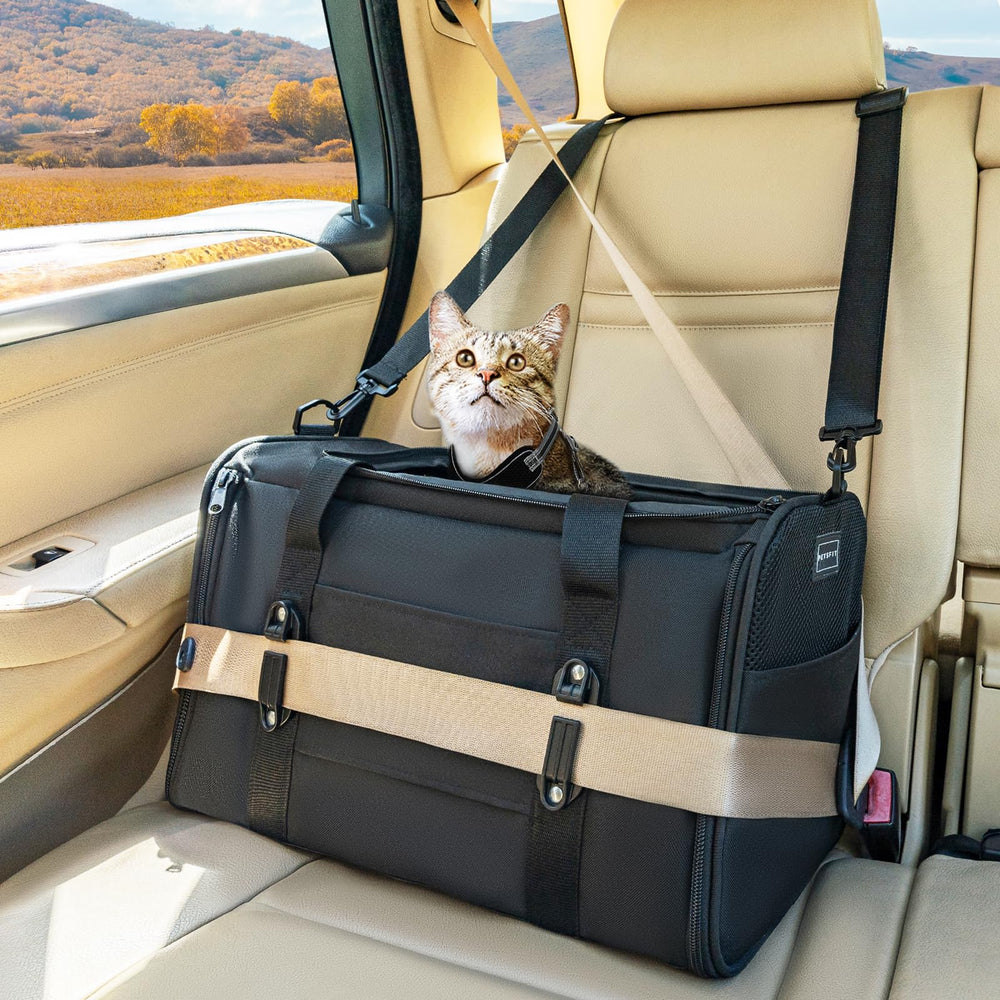 PETSFIT cat car carrier under-seat design supports airline travel and easy cabin access.