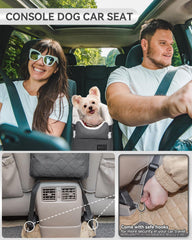 PETSFIT center-console car seat close-up shows safety hooks maintaining secure containment.