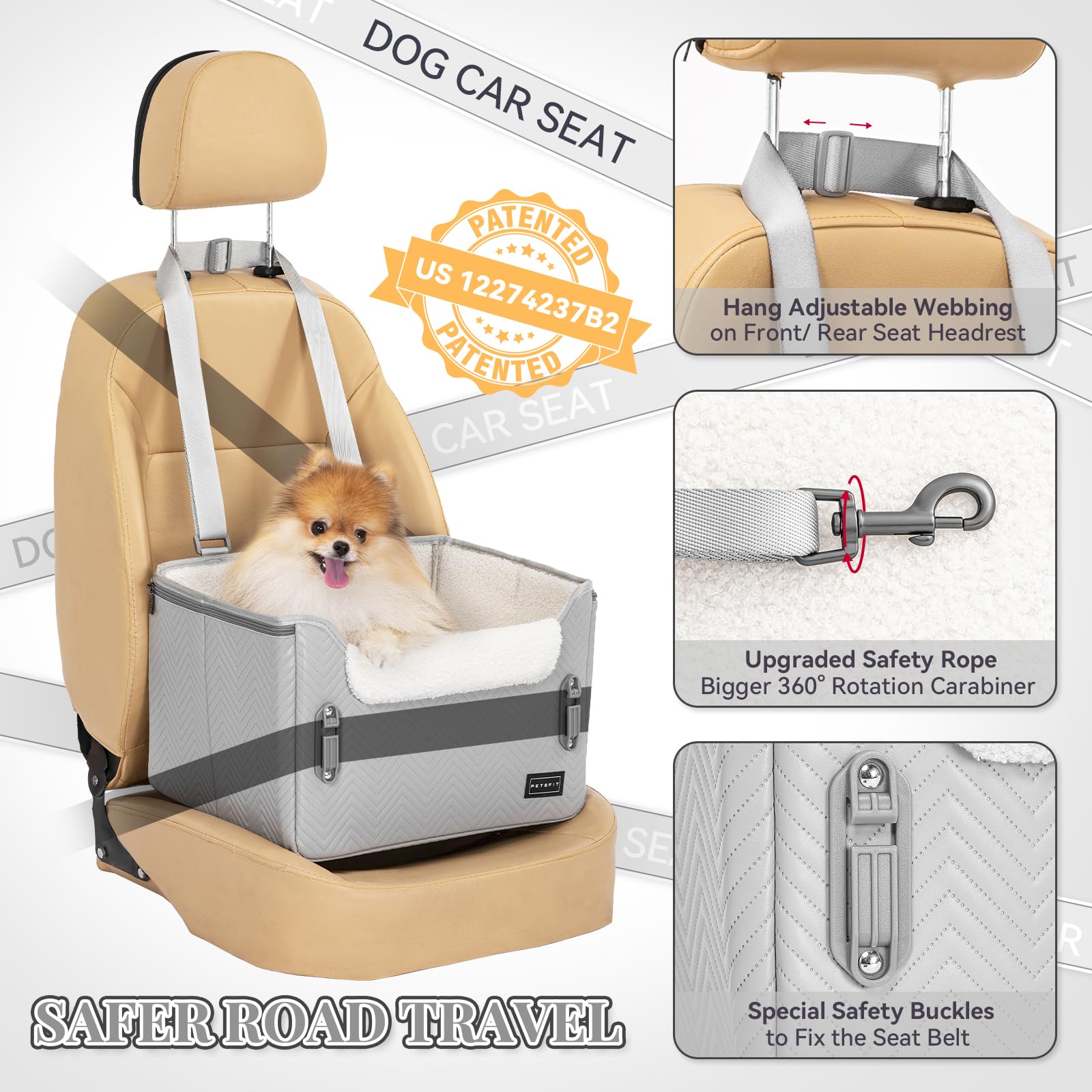 Close-up of Petsfit patent buckles ensuring secure travel for small dogs.