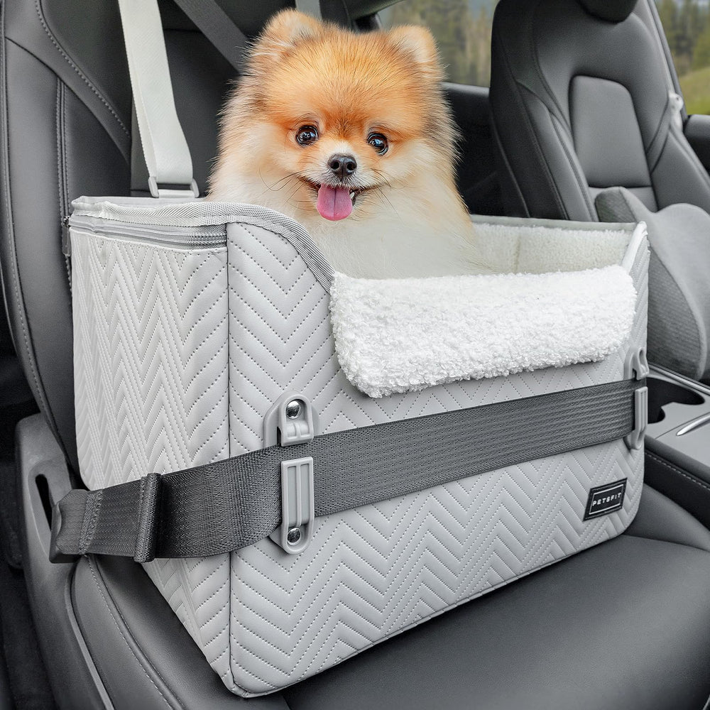 Petsfit dog booster seat installed in car keeps small dogs safe and comfortable.