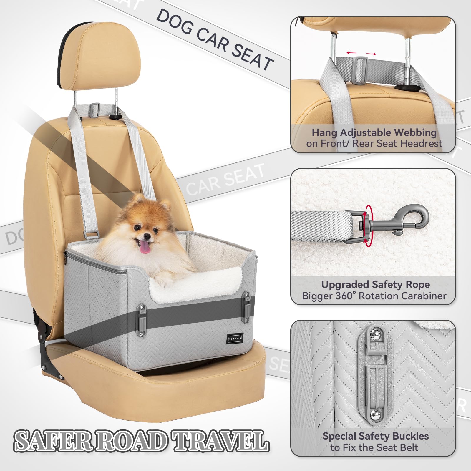 Petsfit booster seat waterproof PU leather close-up highlights wipe-clean durability.