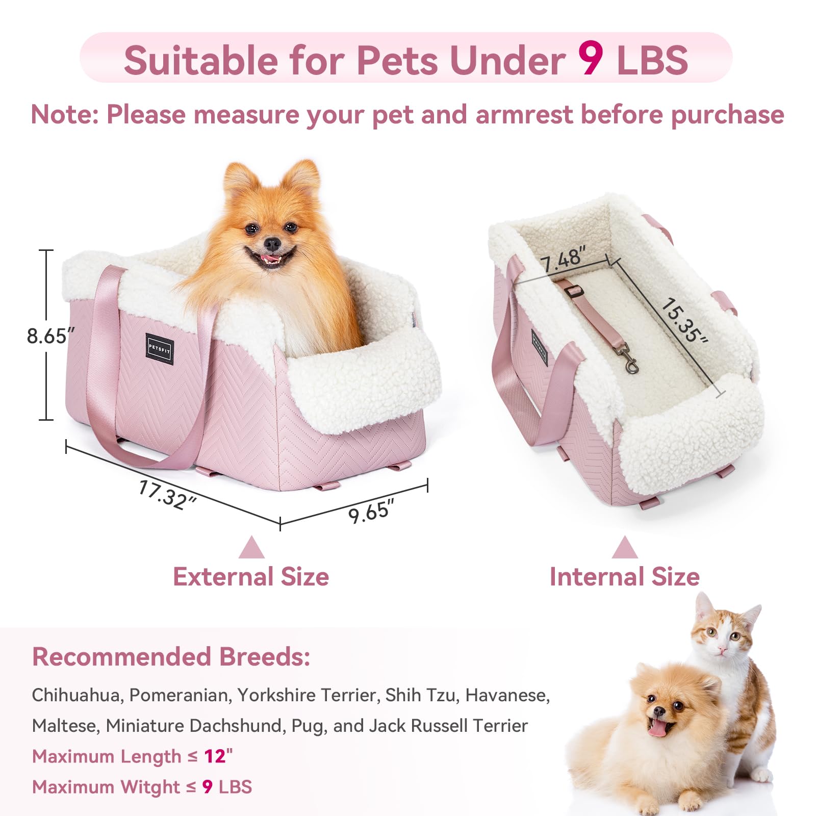 PETSFIT dog car seat console harness pink demonstrates secure attachment and reduced distraction.