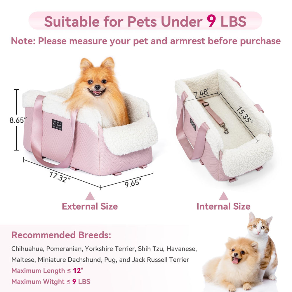PETSFIT dog car seat console harness pink demonstrates secure attachment and reduced distraction.