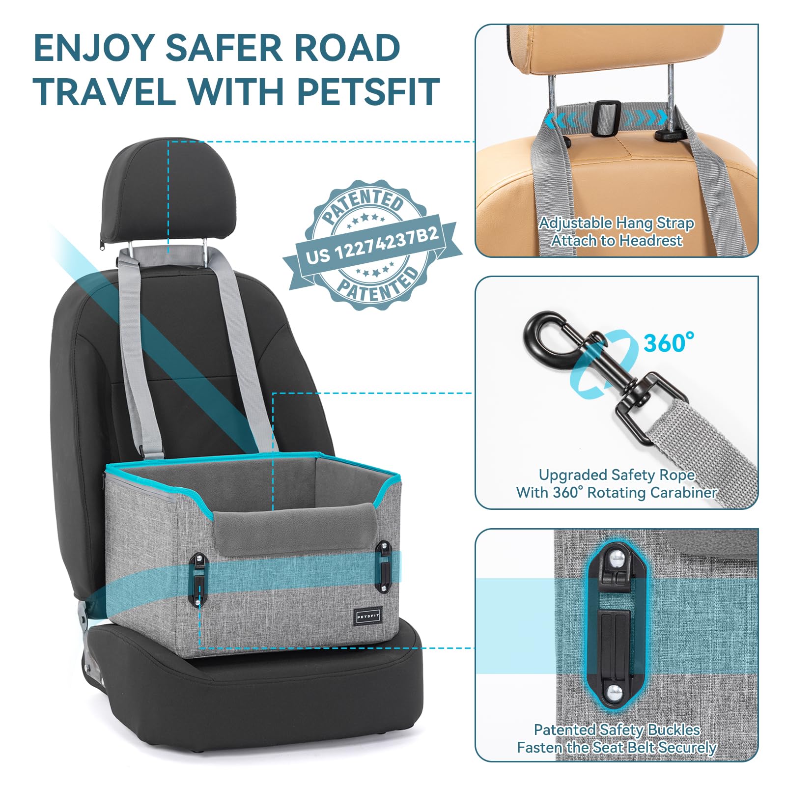 PETSFIT dog car seat installed in front seat using seatbelt for quick, stable setup.