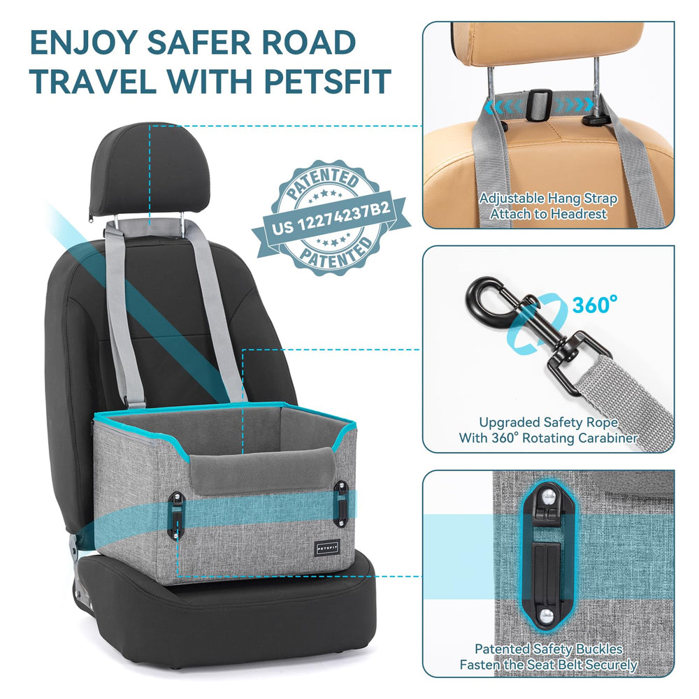 PETSFIT dog car seat installed in front seat using seatbelt for quick, stable setup.