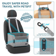 PETSFIT dog car seat installed in front seat using seatbelt for quick, stable setup.