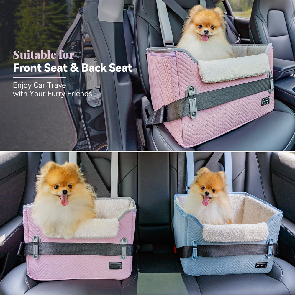 Petsfit light pink dog car seat with soft fleece lining for cozy rides.