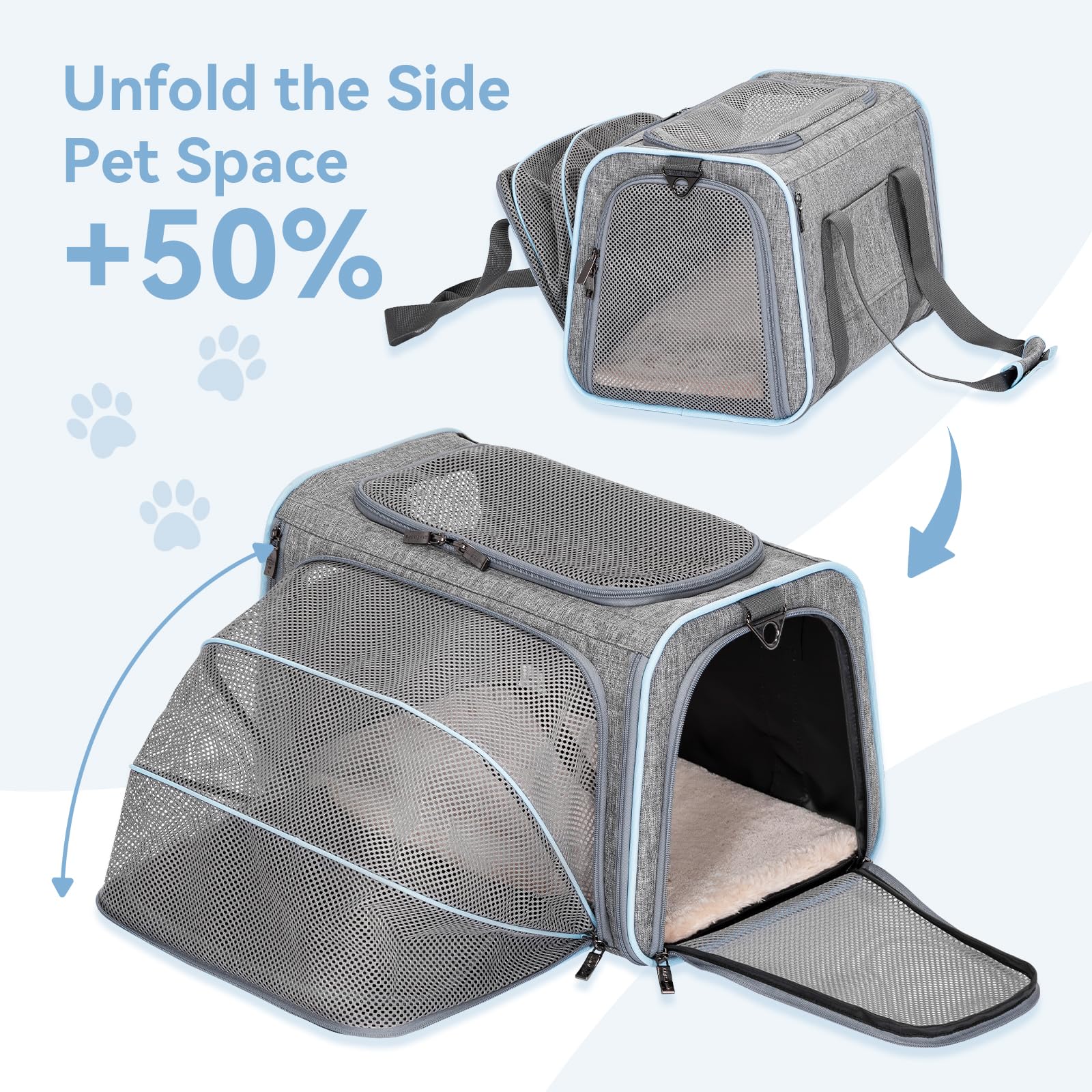 Petsfit carrier extended in expansion mode offers extra space for lounging during travel.