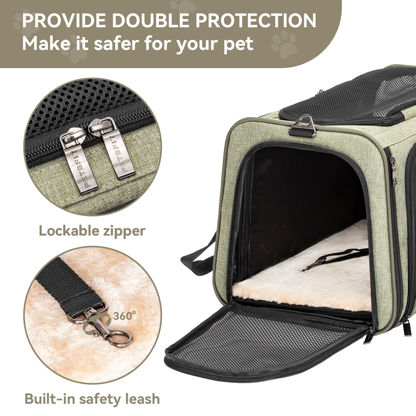 Petsfit Expandable Carrier locking safety zippers prevent escapes