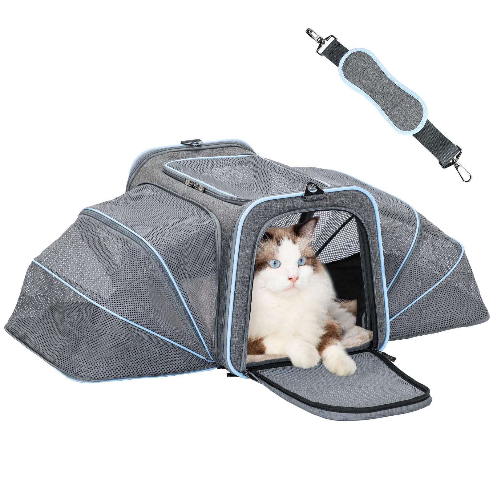 Petsfit expandable cat carrier closed in light grey for travel
