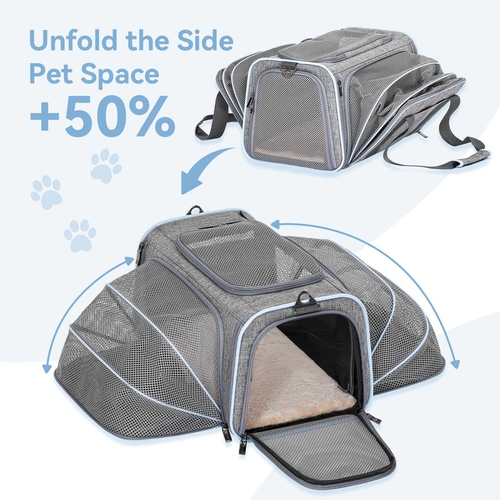 Petsfit expandable carrier open view shows two mesh windows for airflow.