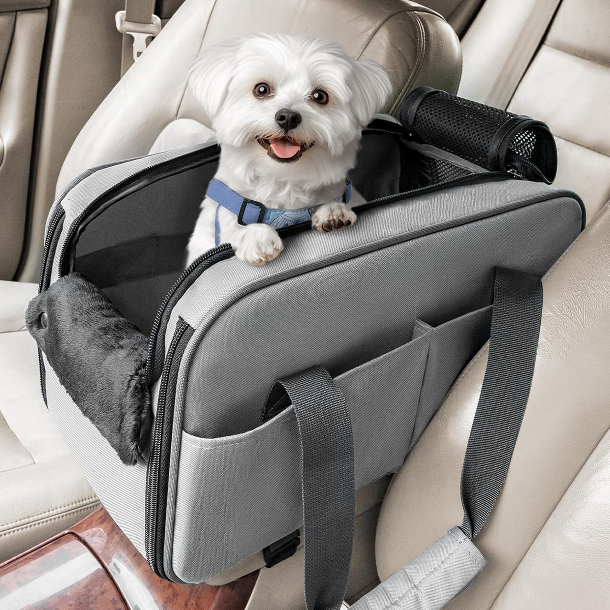 PETSFIT multipurpose console dog car seat side view for compact travel comfort.
