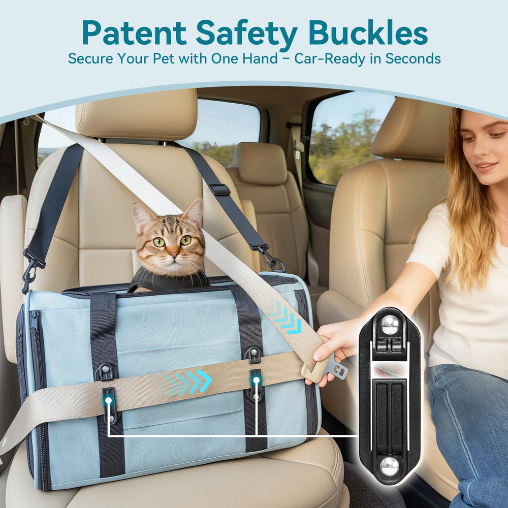 Petsfit patented safety buckles on cat carrier ensure secure journeys