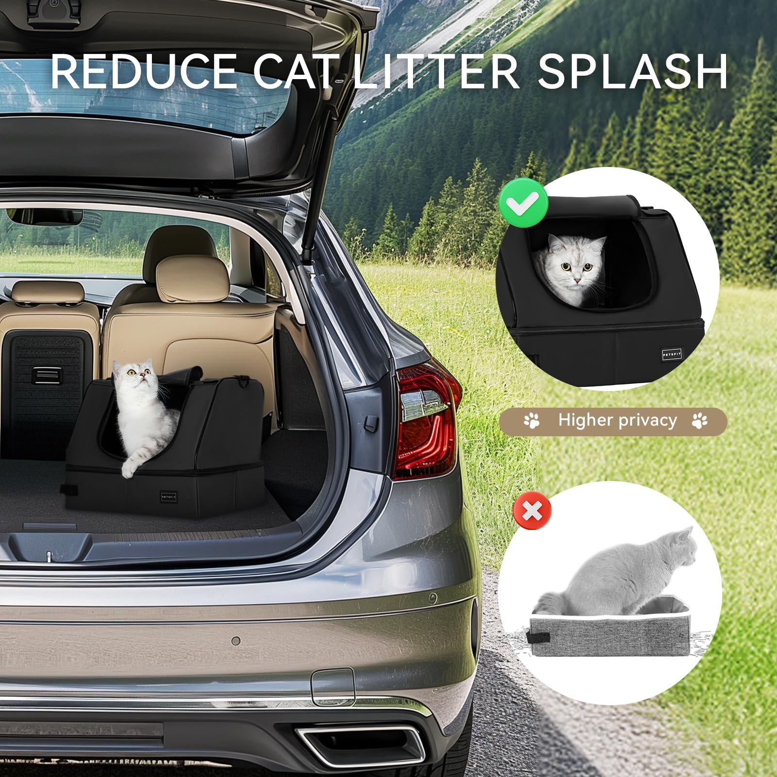 Petsfit litter box includes scoop hook and top handle for transport.