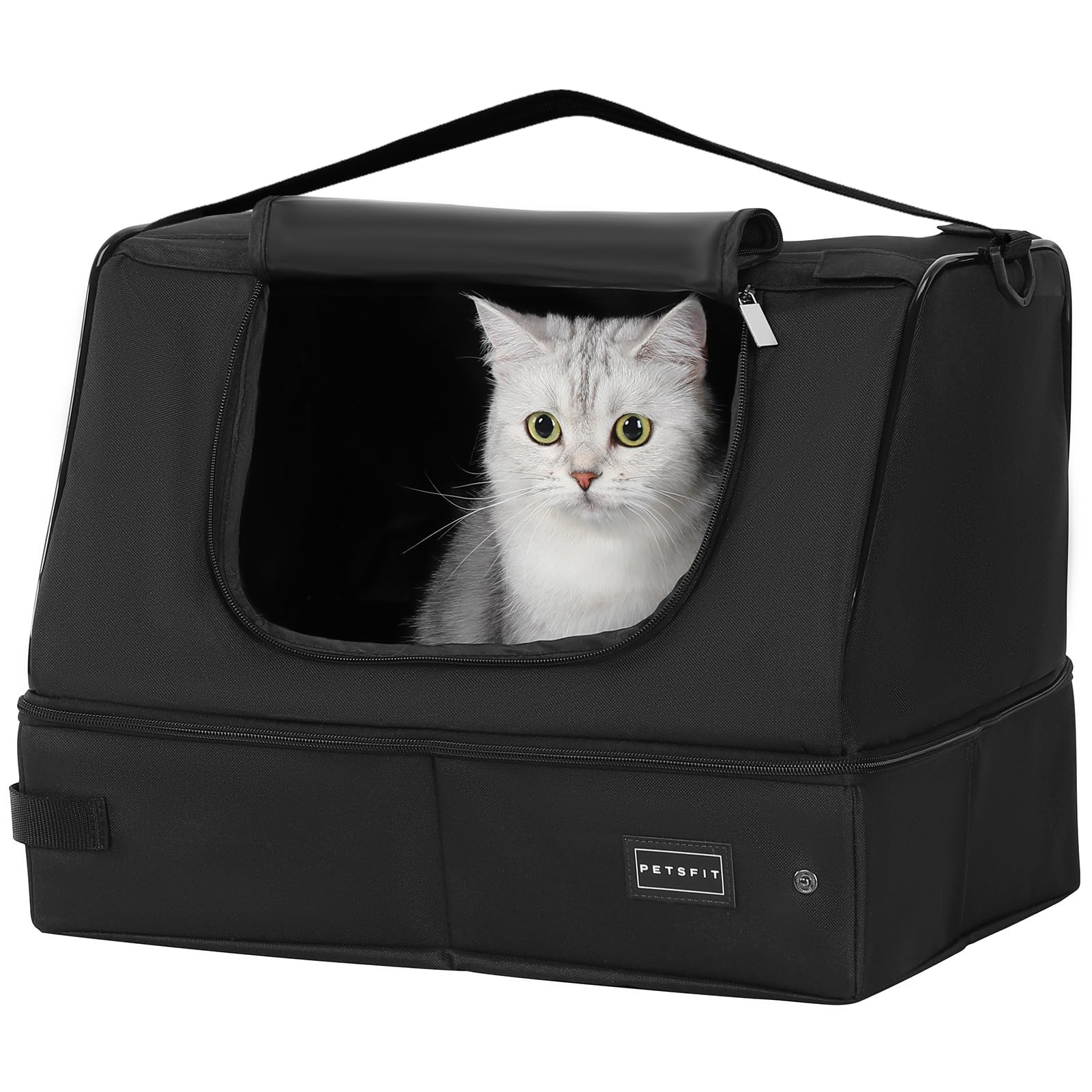 Petsfit portable cat litter box overview with two-layer lining and sturdy frame.