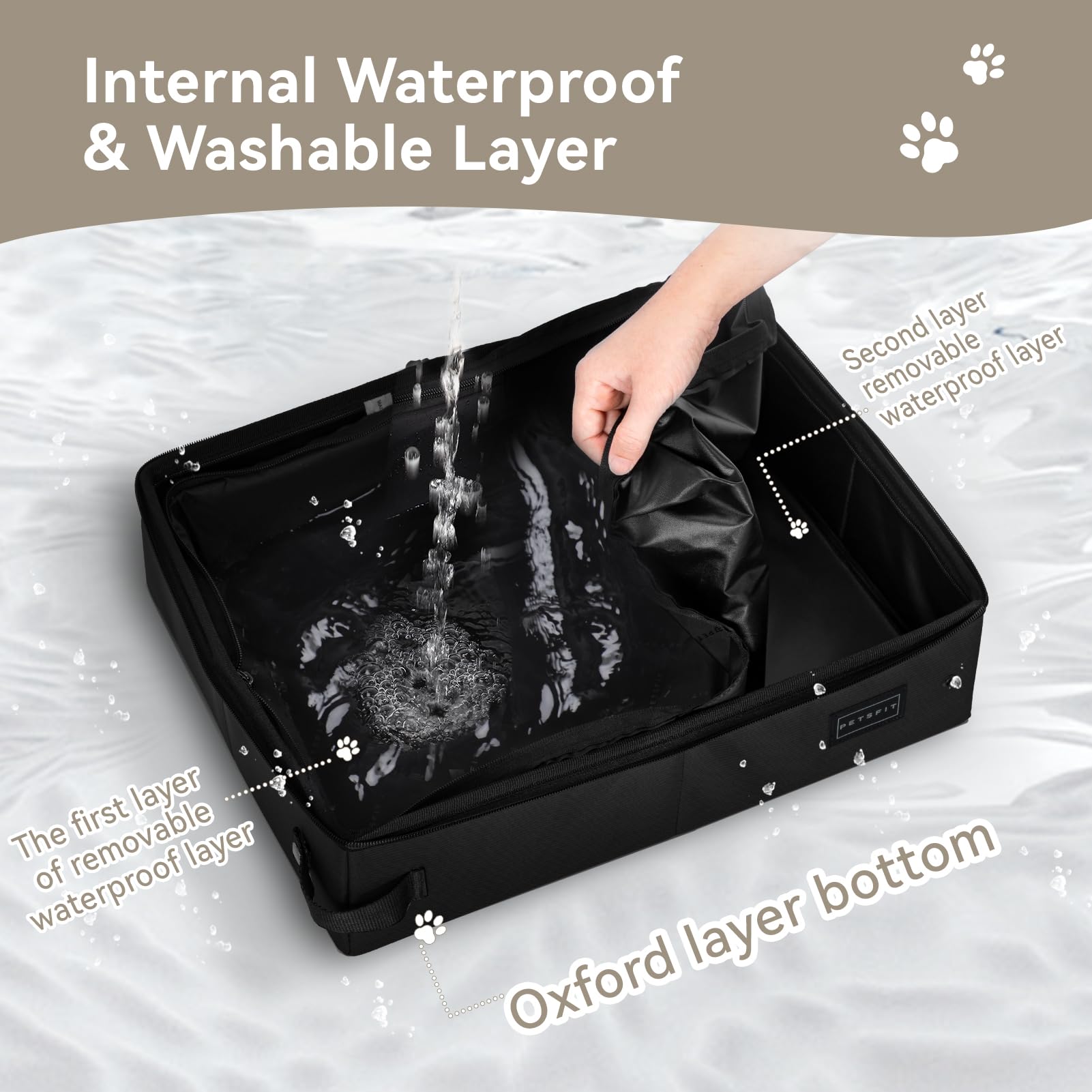 Petsfit litter box bottom with removable waterproof lining, easy to wash.