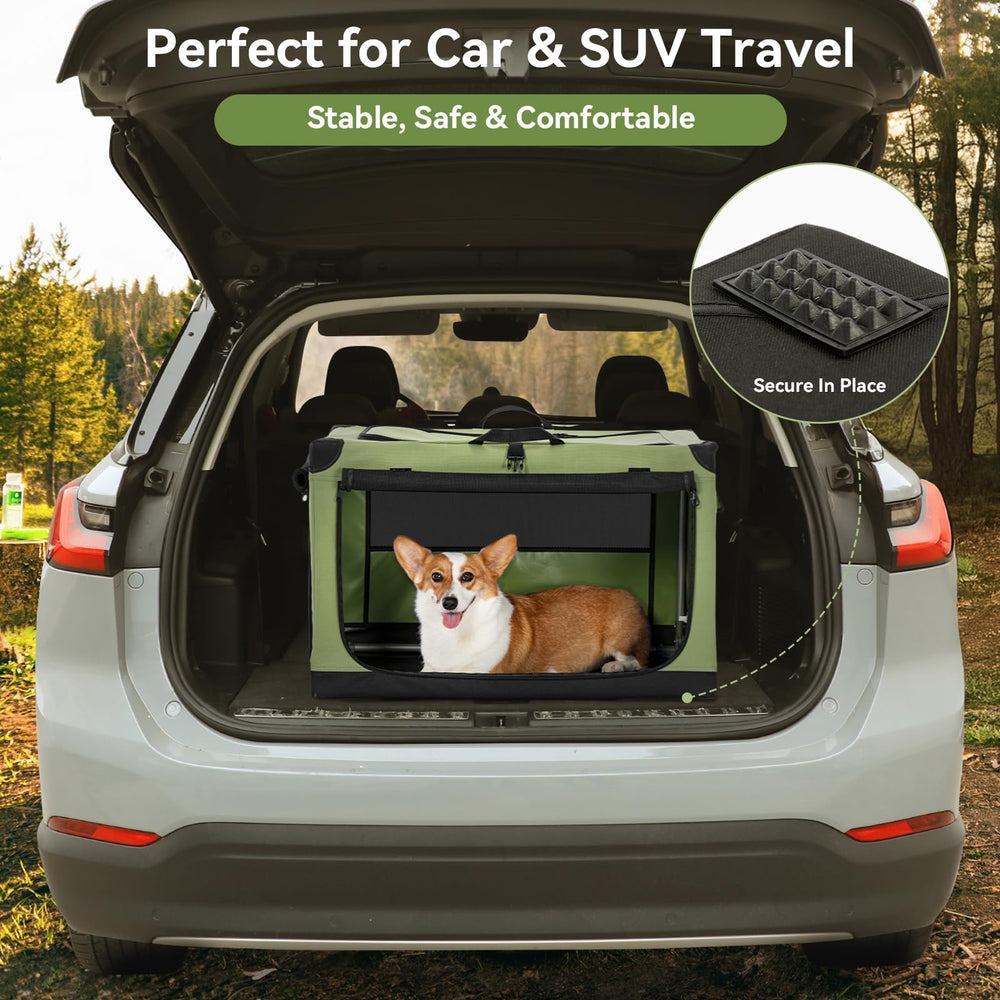 Petsfit soft dog crate green color fits homes or cars.
