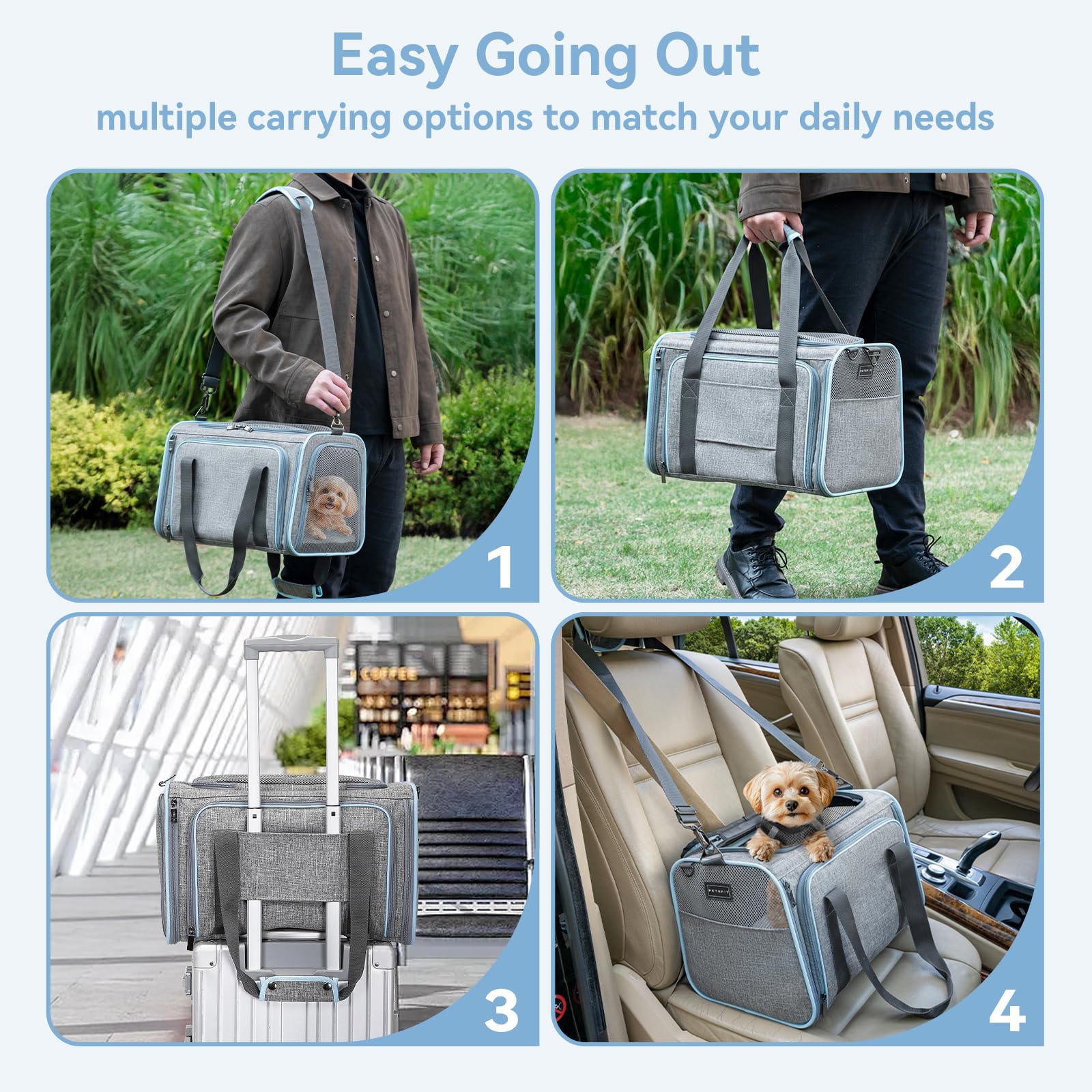 Petsfit soft-sided carrier with durable oxford cloth for long-lasting use.