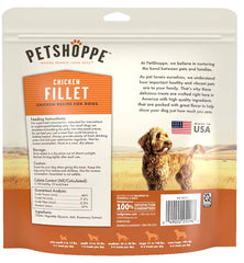 PetShoppe Premium Chicken Fillet Treats ingredient label close-up confirms grain-free and no fillers