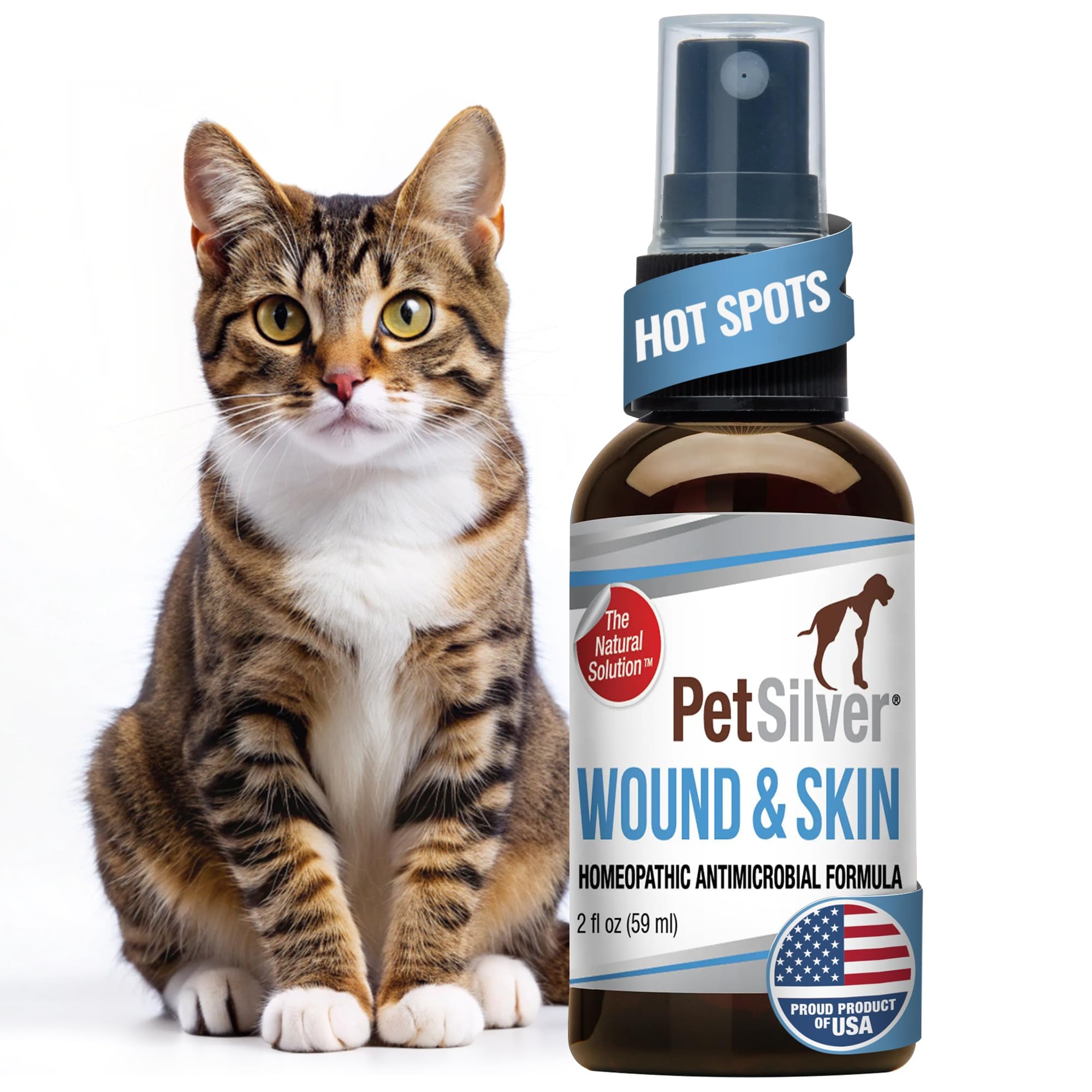 PetSilver bottle close-up pour illustrates chelated silver for soothing cat skin care.